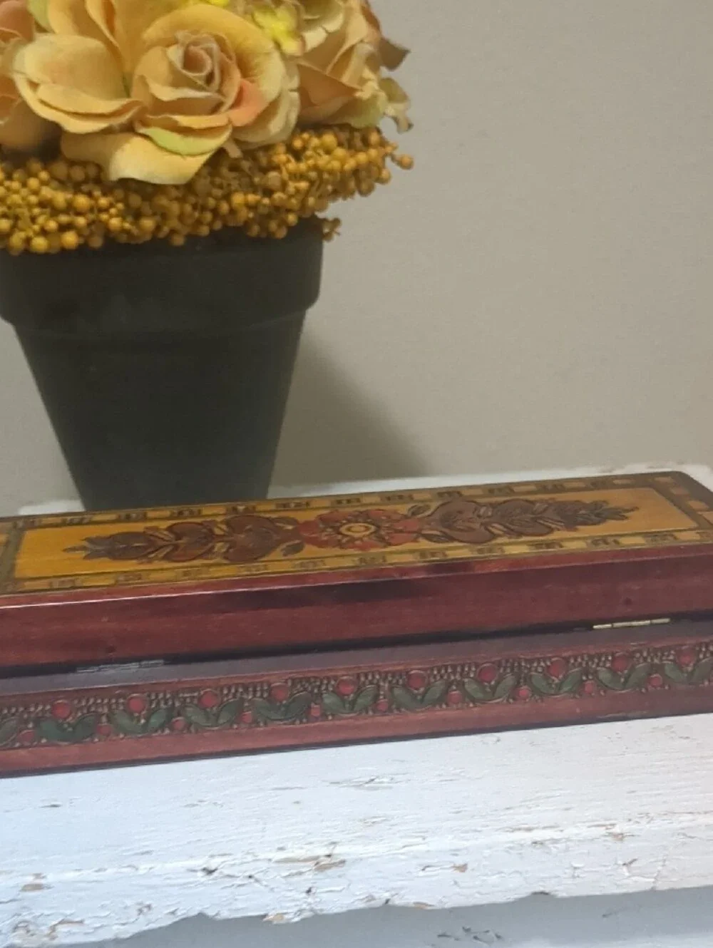 Pyrography Vintage Hand-Painted Floral Wooden Box